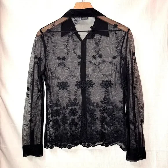 CHARLOTTE RUSSE Mesh Top Womens L Button Down Floral Embroidered Sheer Fairygoth - Picture 5 of 10